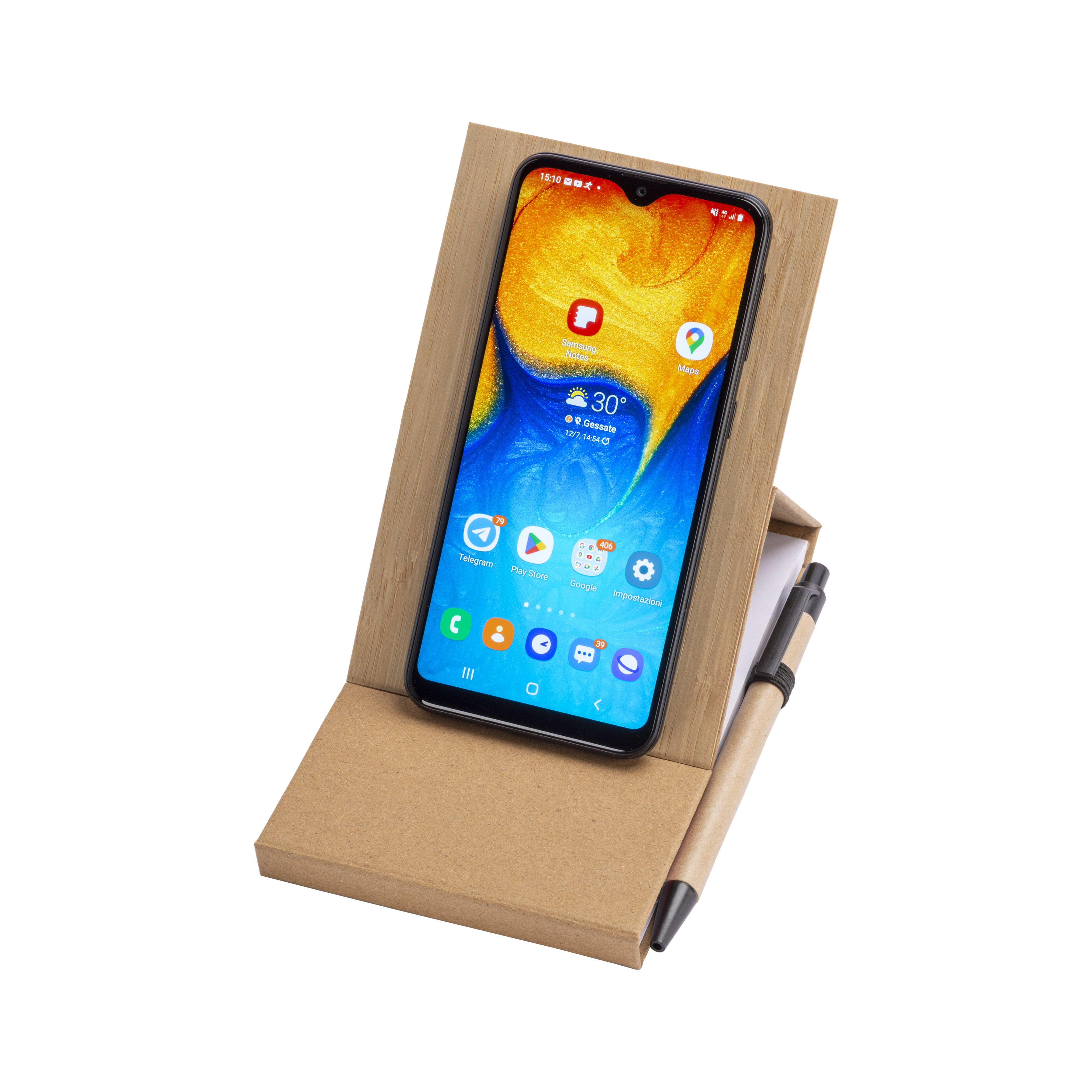 Immagine Blocco note con copertina in bambù, penna a sfera e supporto per telefono