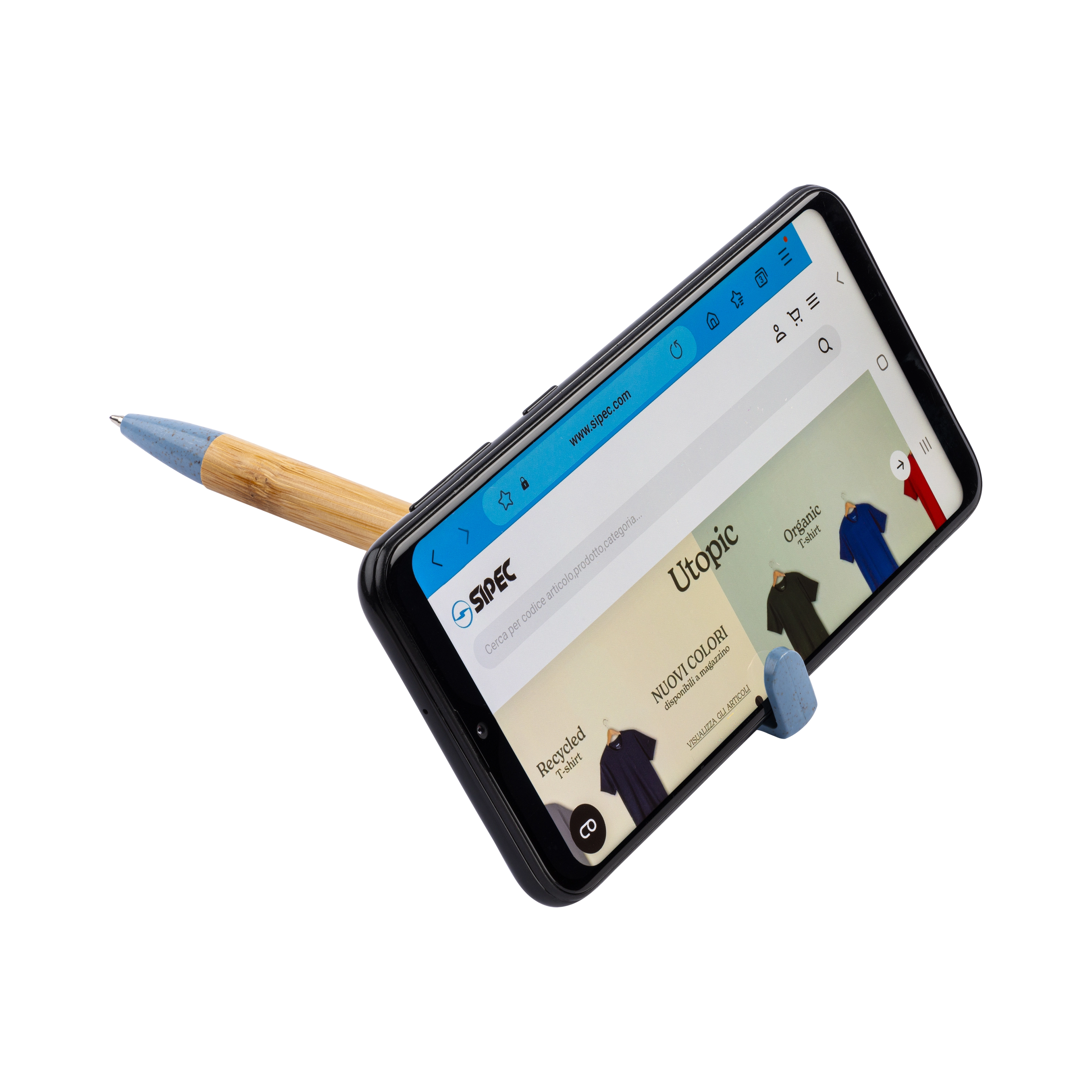 Immagine Penna twist in bambù e paglia di grano con stand porta cellulare