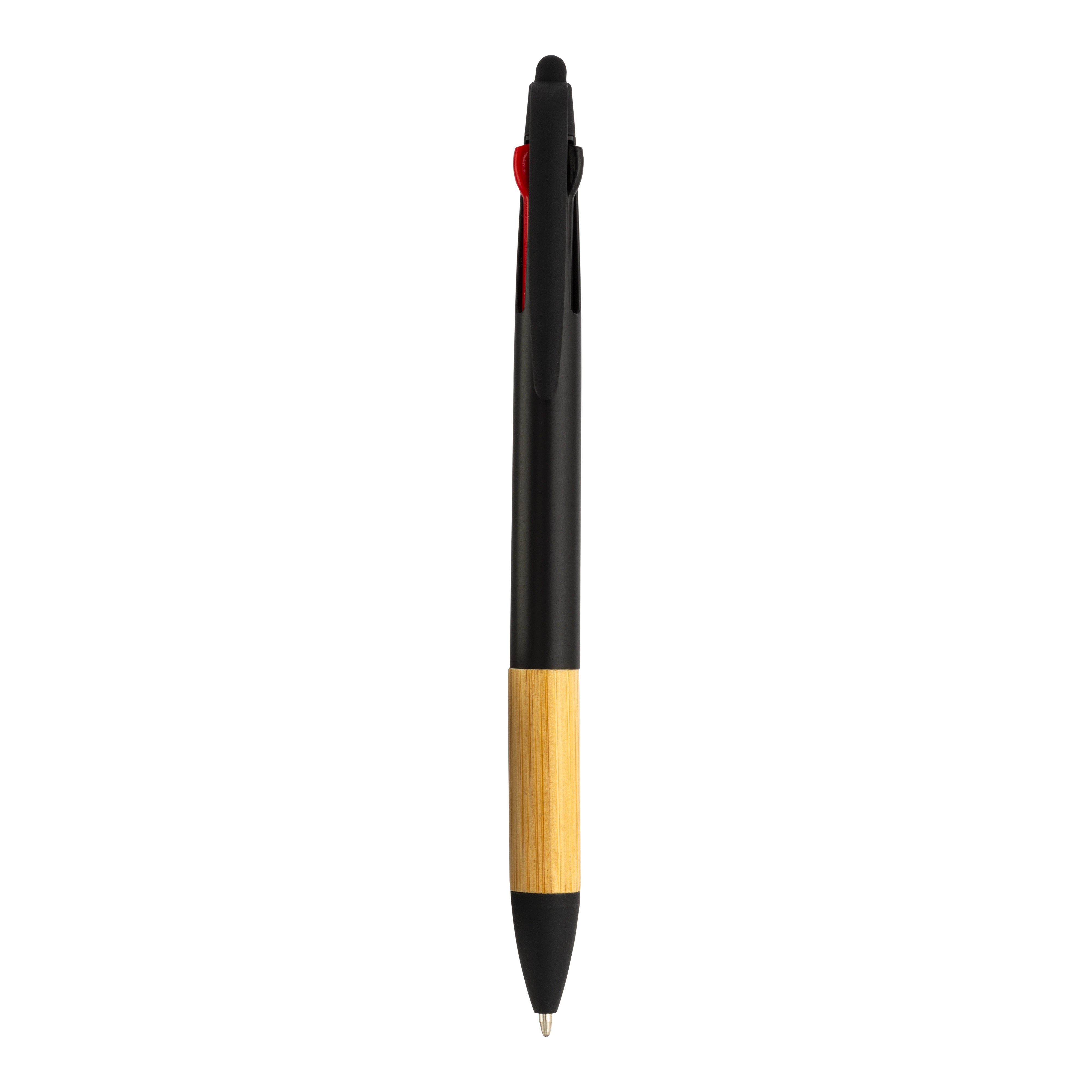Immagine Penna a scatto in plastica con 3 refill, con gommino per touch screen, impugnatura in bamb