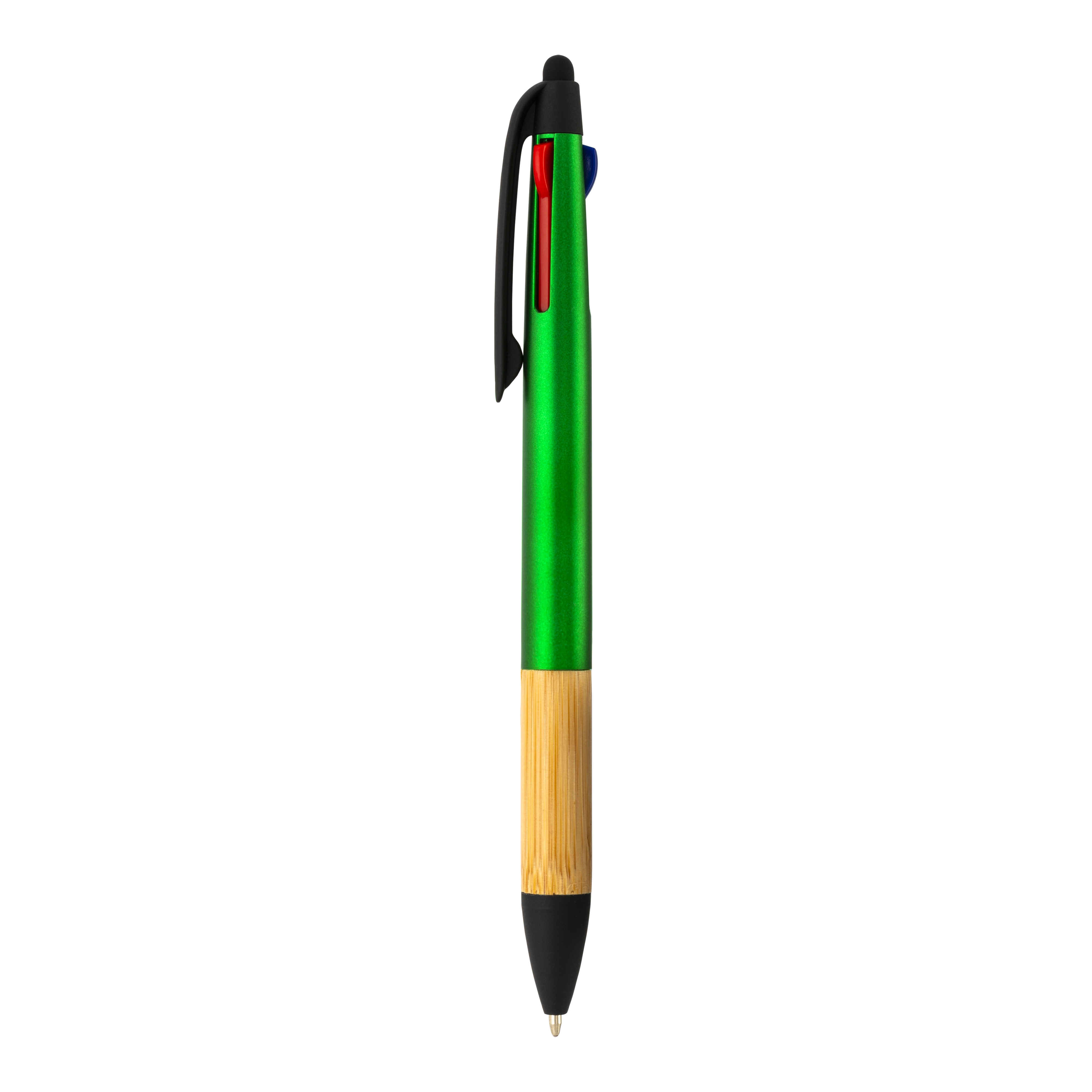 Immagine Penna a scatto in plastica con 3 refill, con gommino per touch screen, impugnatura in bamb