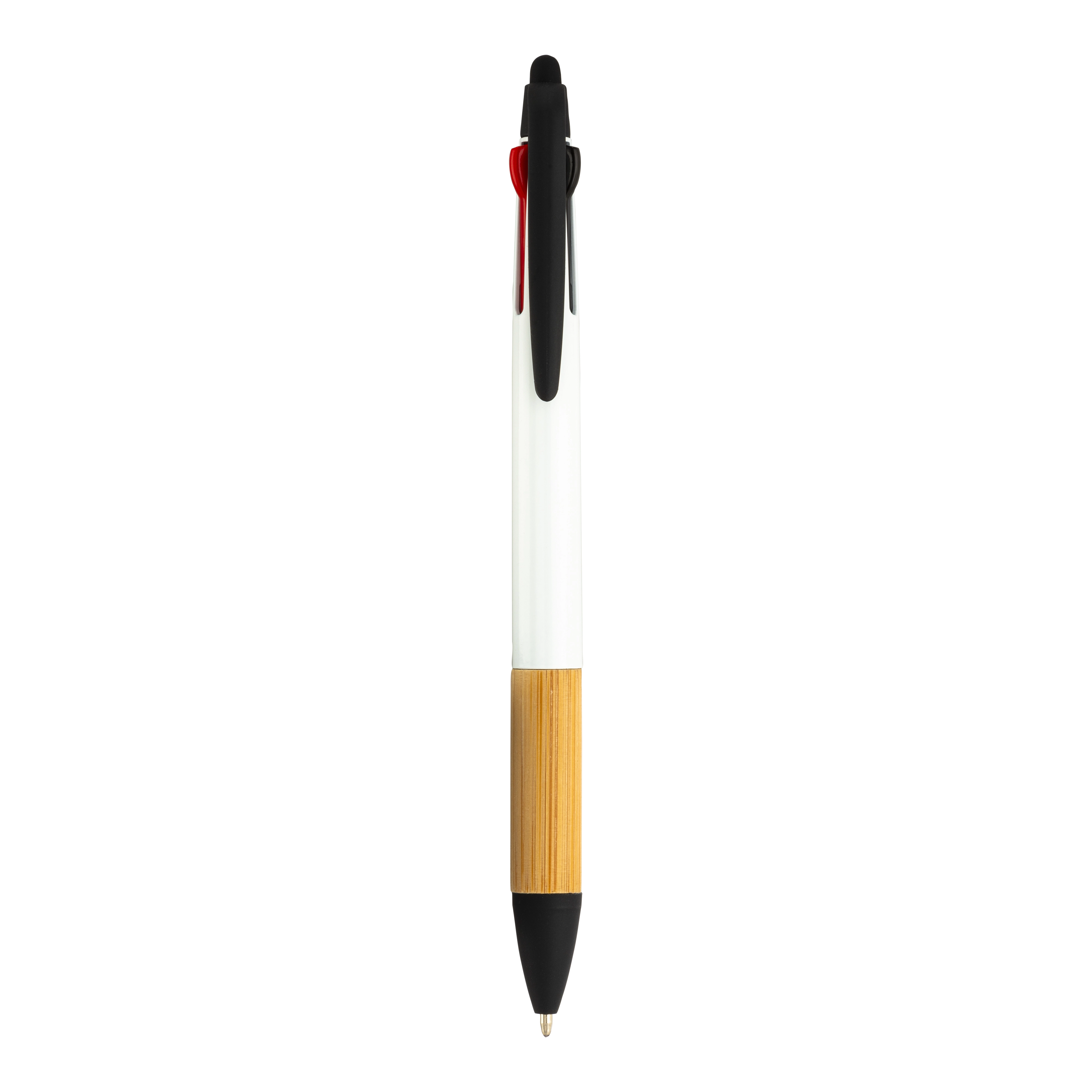Immagine Penna a scatto in plastica con 3 refill, con gommino per touch screen, impugnatura in bamb