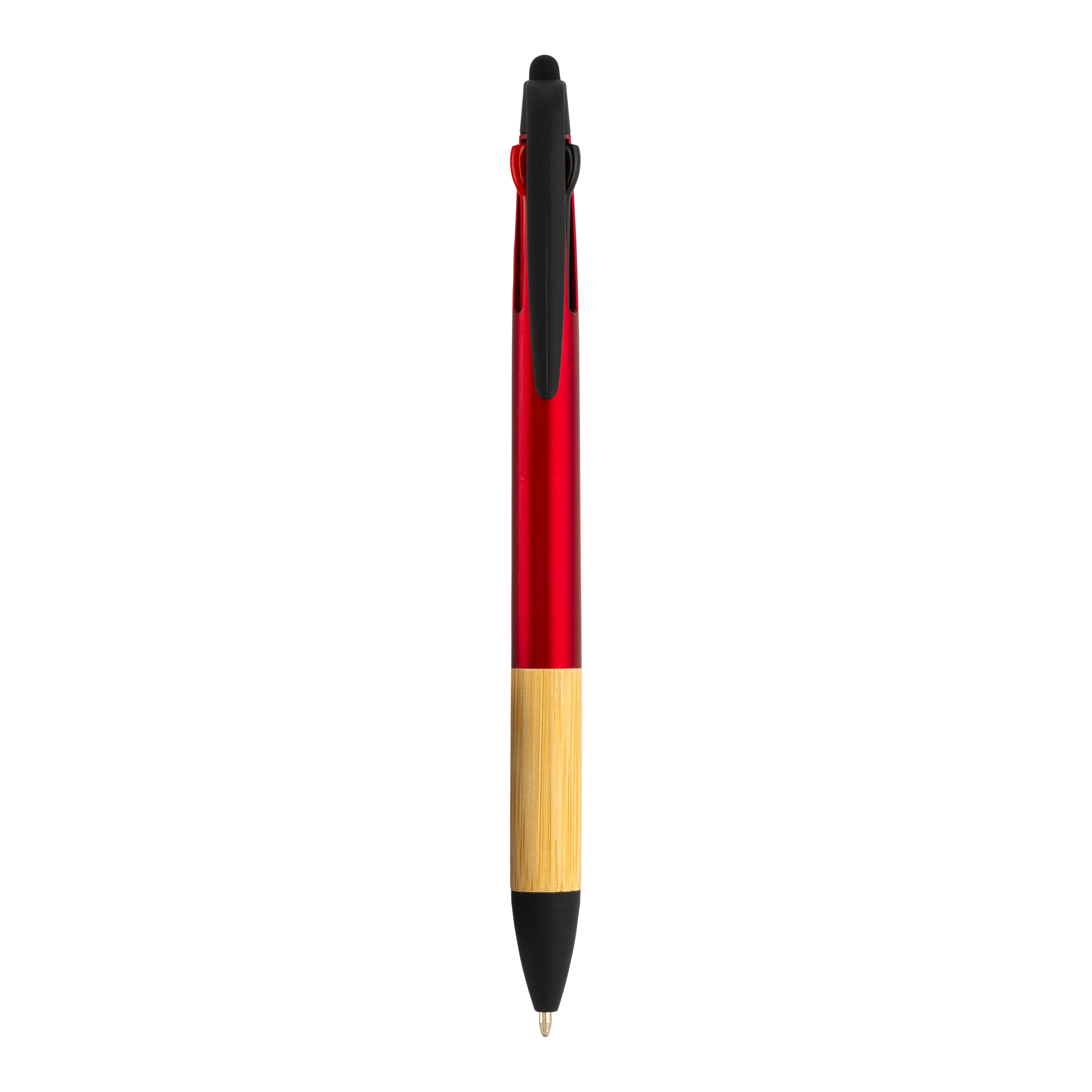 Immagine Penna a scatto in plastica con 3 refill, con gommino per touch screen, impugnatura in bamb