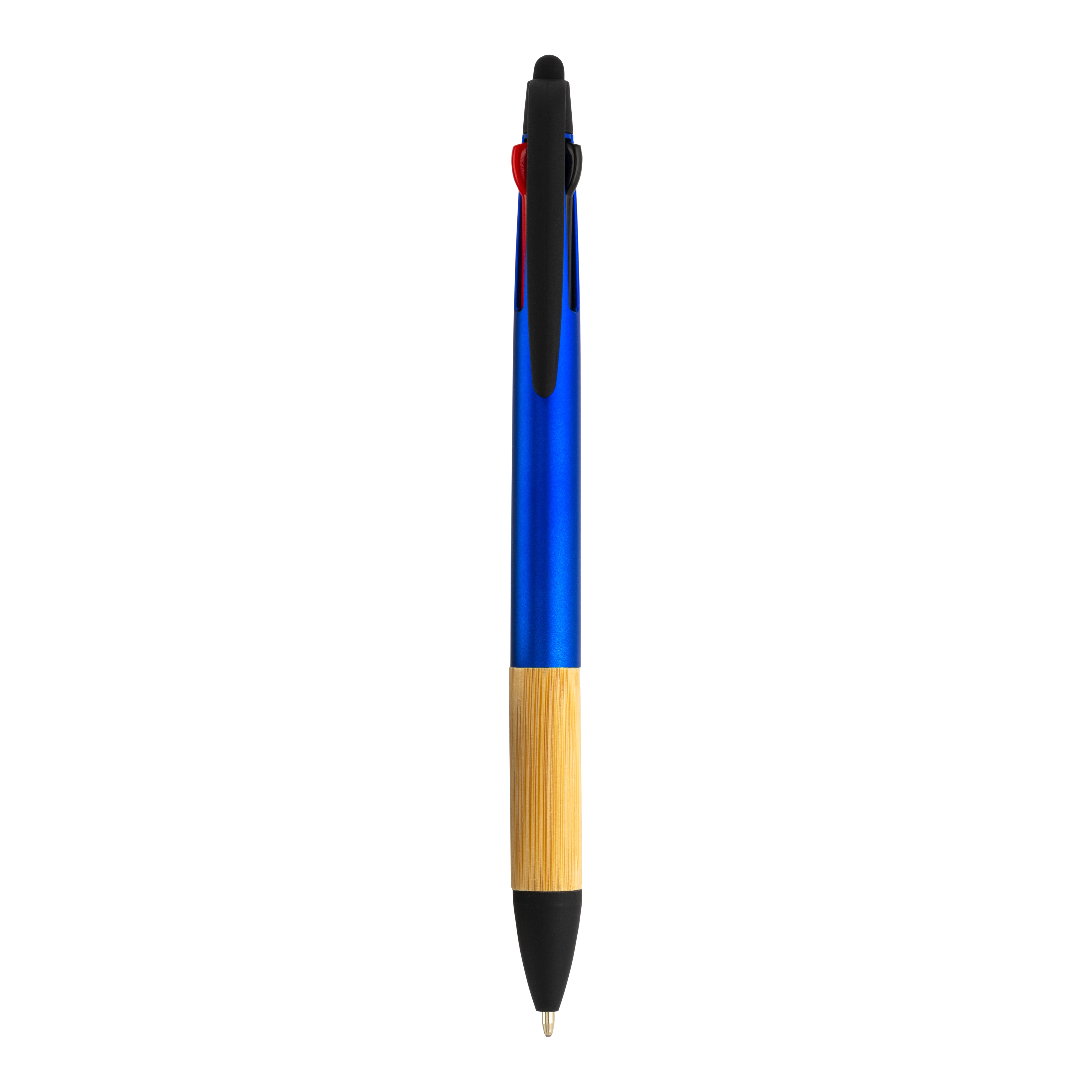 Immagine Penna a scatto in plastica con 3 refill, con gommino per touch screen, impugnatura in bamb