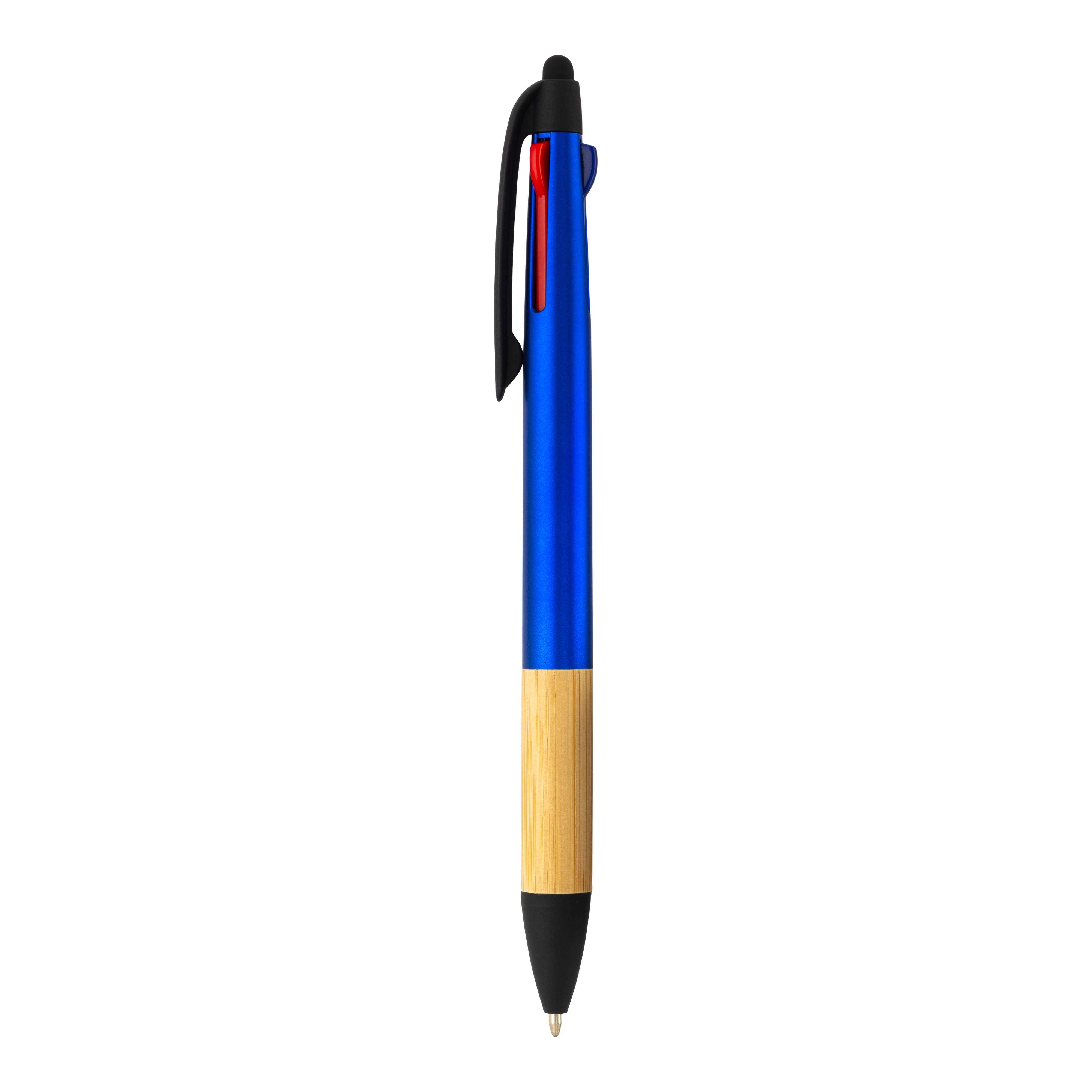 Immagine Penna a scatto in plastica con 3 refill, con gommino per touch screen, impugnatura in bamb