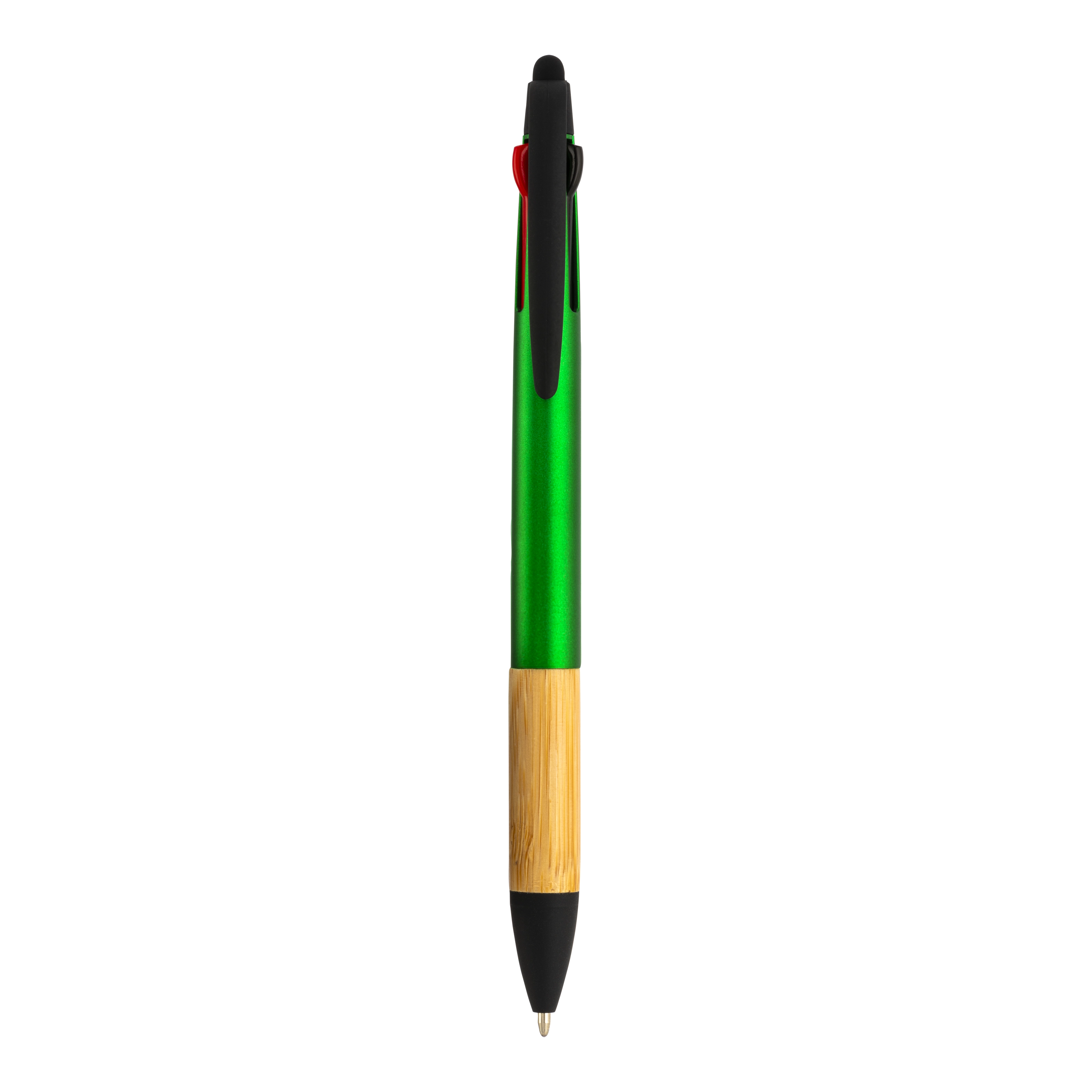 Immagine Penna a scatto in plastica con 3 refill, con gommino per touch screen, impugnatura in bamb