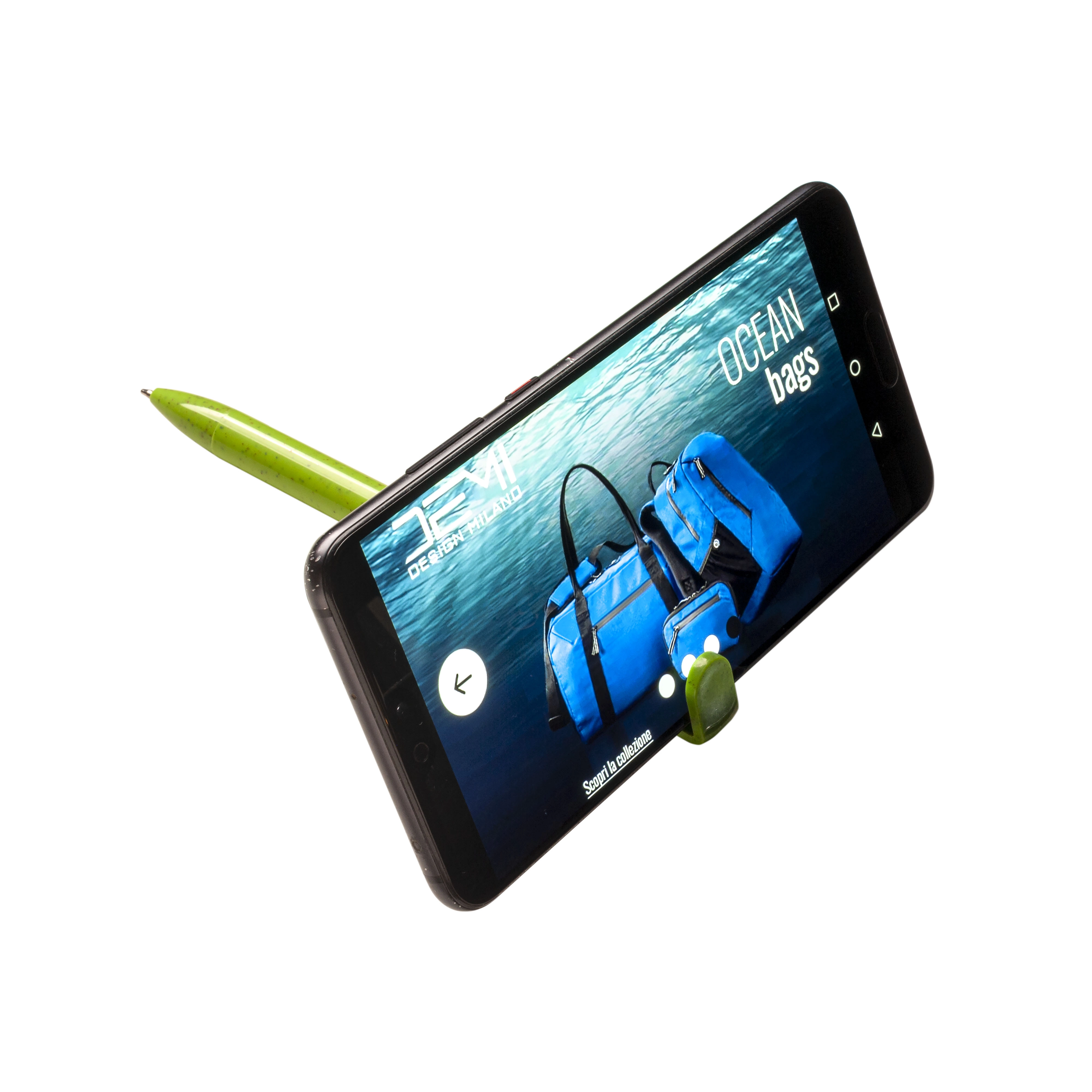 Immagine Penna twist in PP e paglia di grano con stand porta cellulare