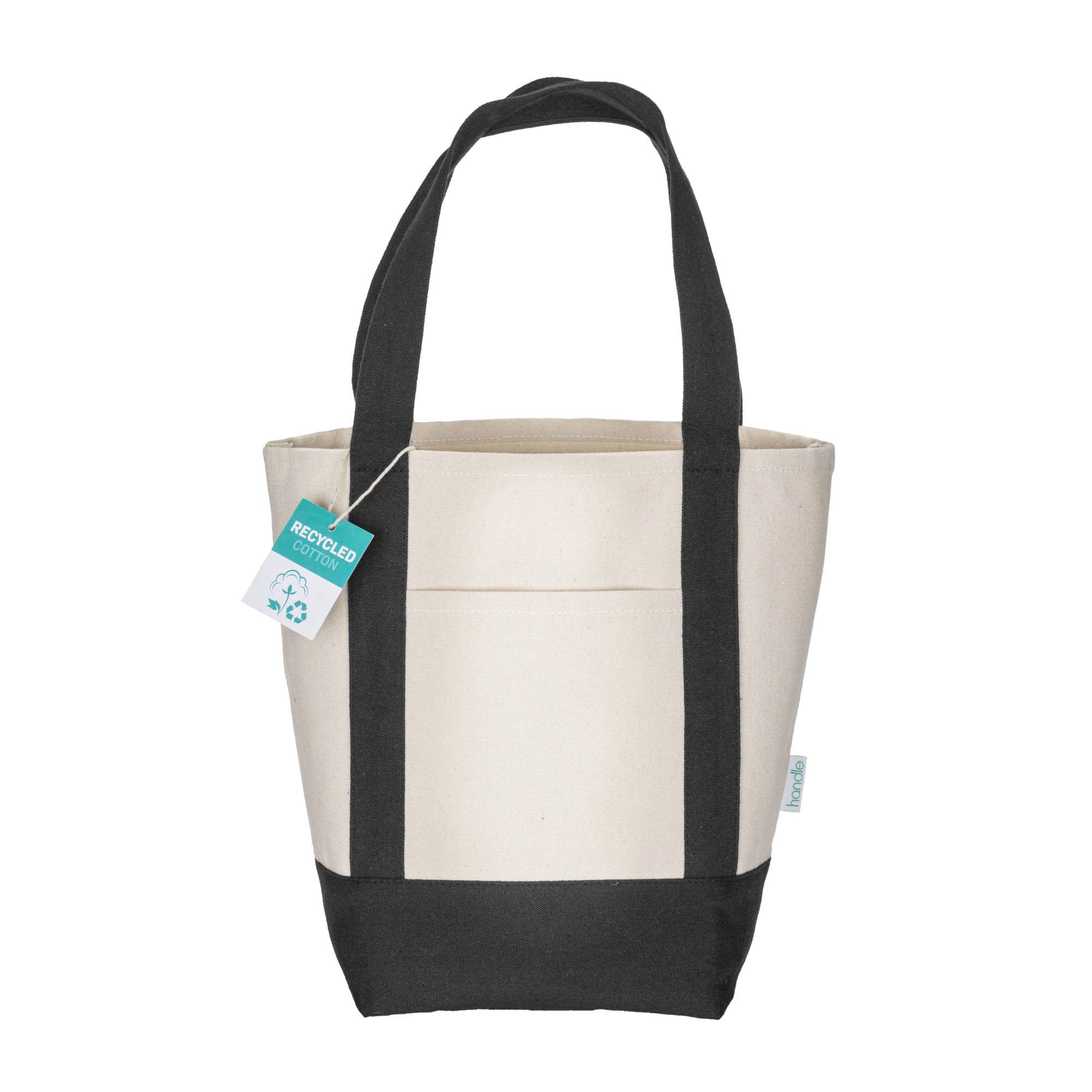 Immagine Mini borsa shopper in cotone riciclato da 340 g/m2 con manici e base colorati. GRS