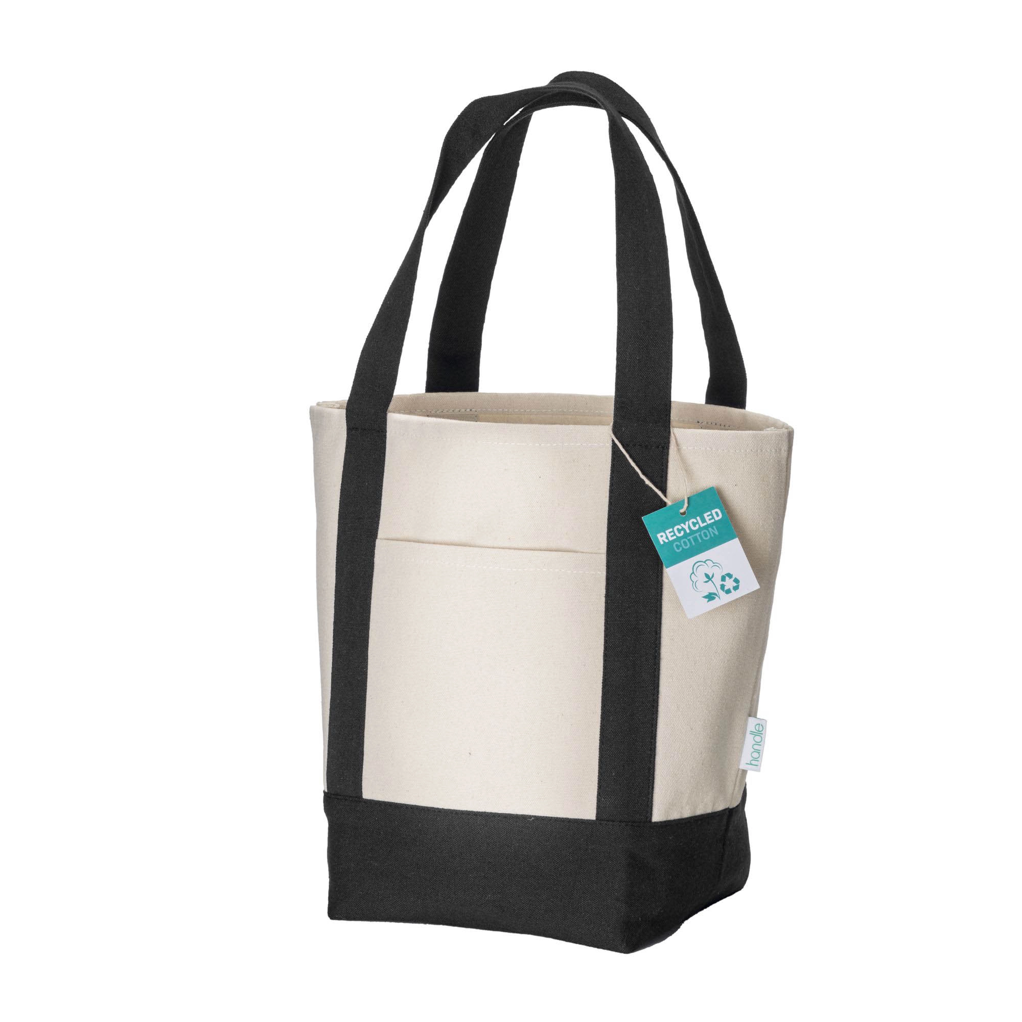Immagine Mini borsa shopper in cotone riciclato da 340 g/m2 con manici e base colorati. GRS