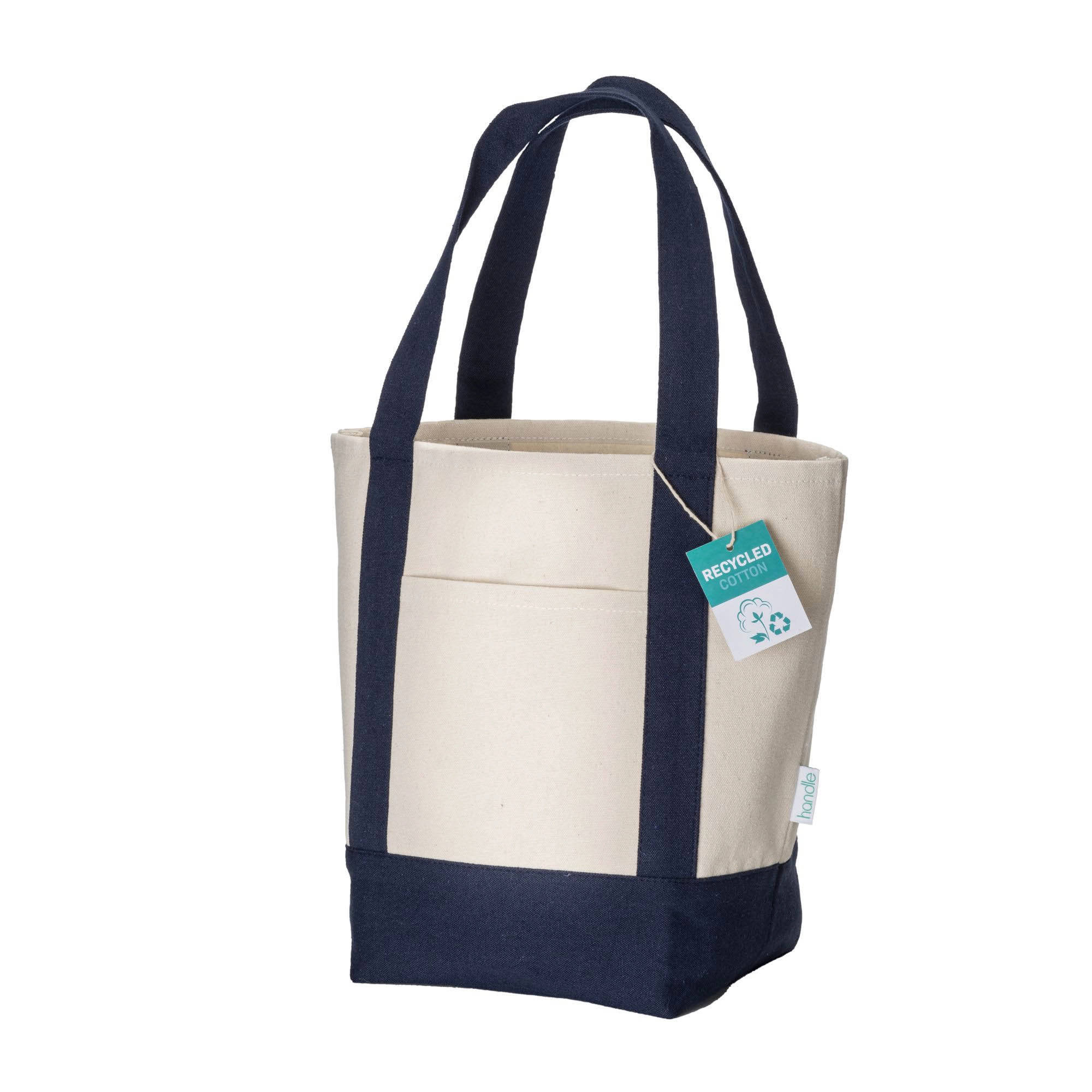 Immagine Mini borsa shopper in cotone riciclato da 340 g/m2 con manici e base colorati. GRS