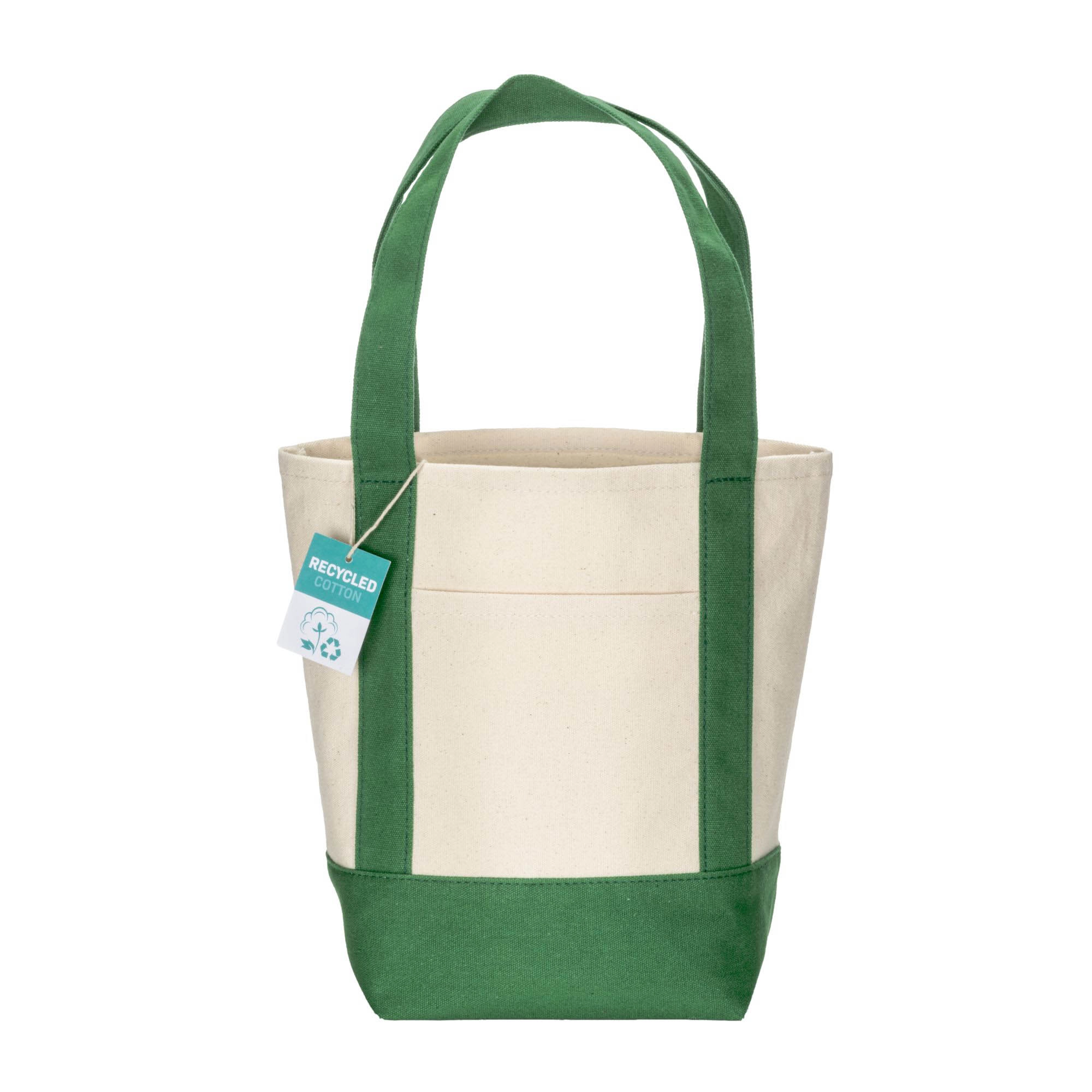 Immagine Mini borsa shopper in cotone riciclato da 340 g/m2 con manici e base colorati. GRS