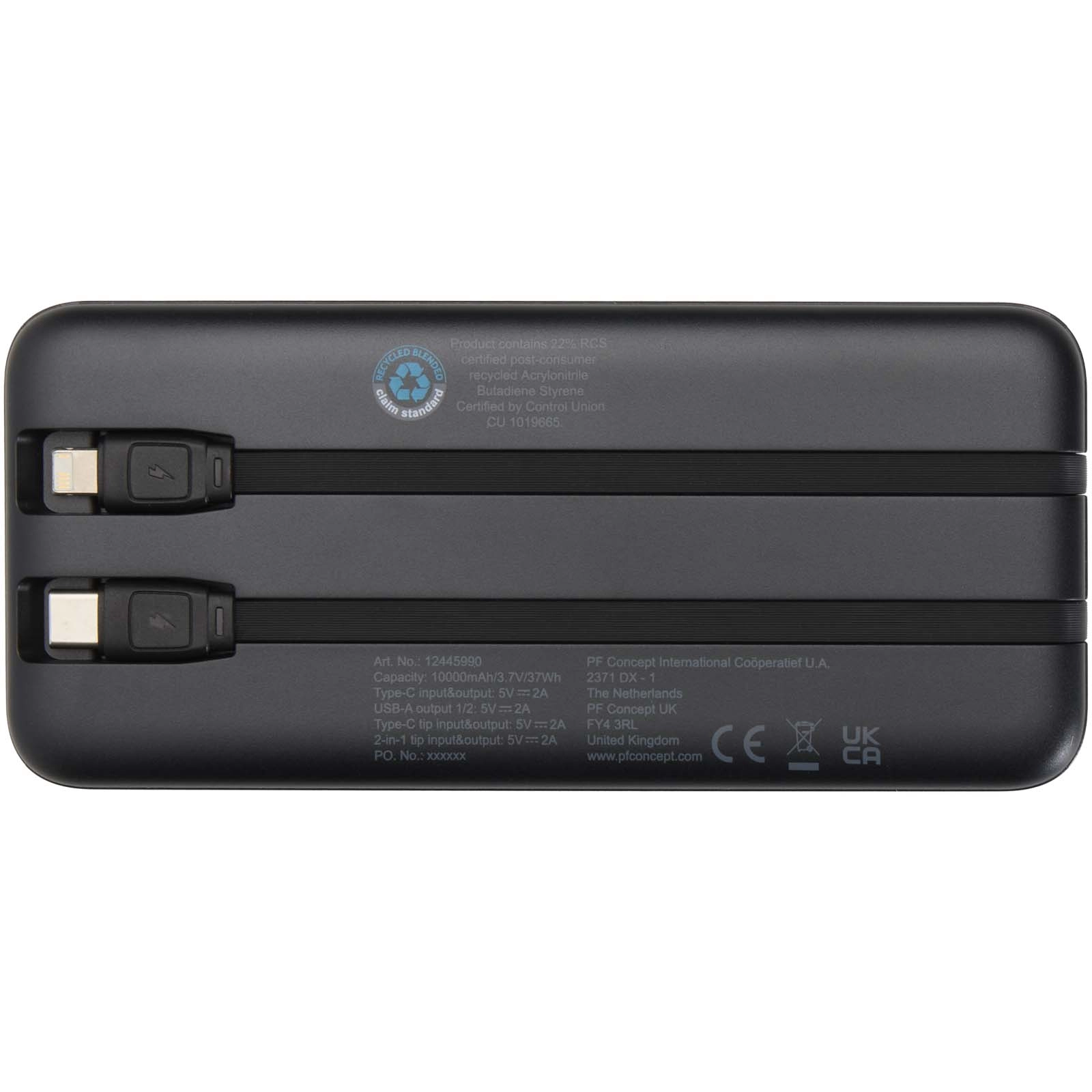 Immagine Power bank da 10.000 mAh e 10 W in plastica riciclata con 2 cavi integrati Adhil