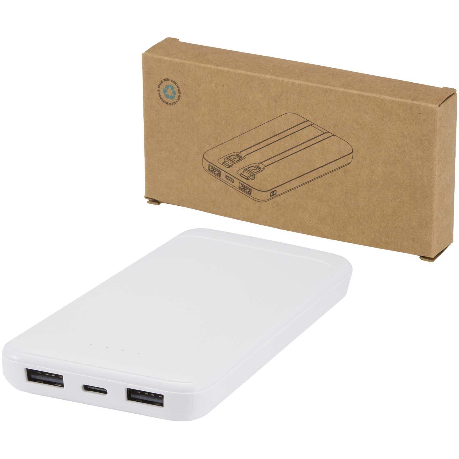 Immagine Power bank da 10.000 mAh e 10 W in plastica riciclata con 2 cavi integrati Adhil