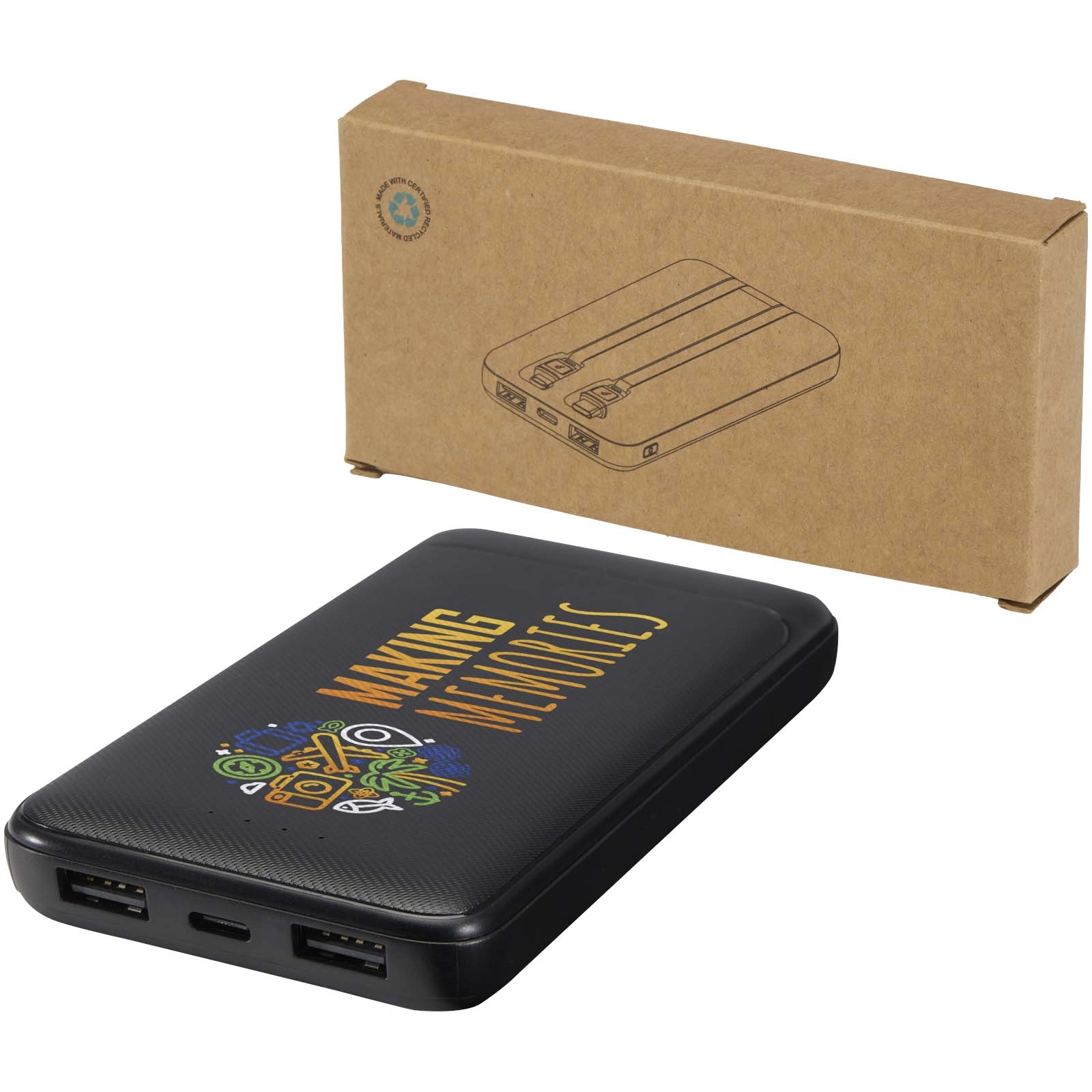 Immagine Power bank da 10.000 mAh e 10 W in plastica riciclata con 2 cavi integrati Adhil