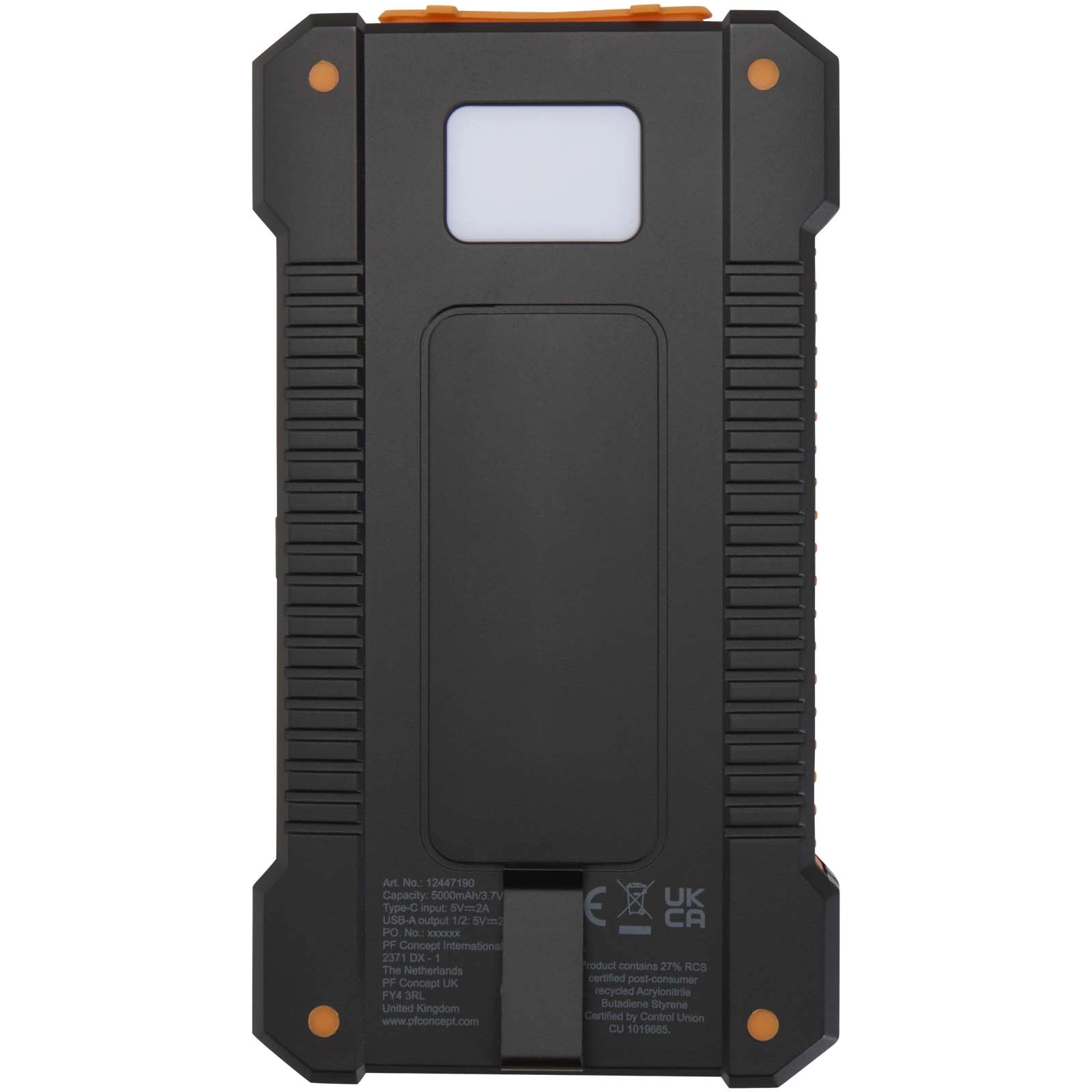 Immagine Robusto power bank a energia solare da 5.000 mAh e 10 W in plastica riciclata con torcia incorporata Altair