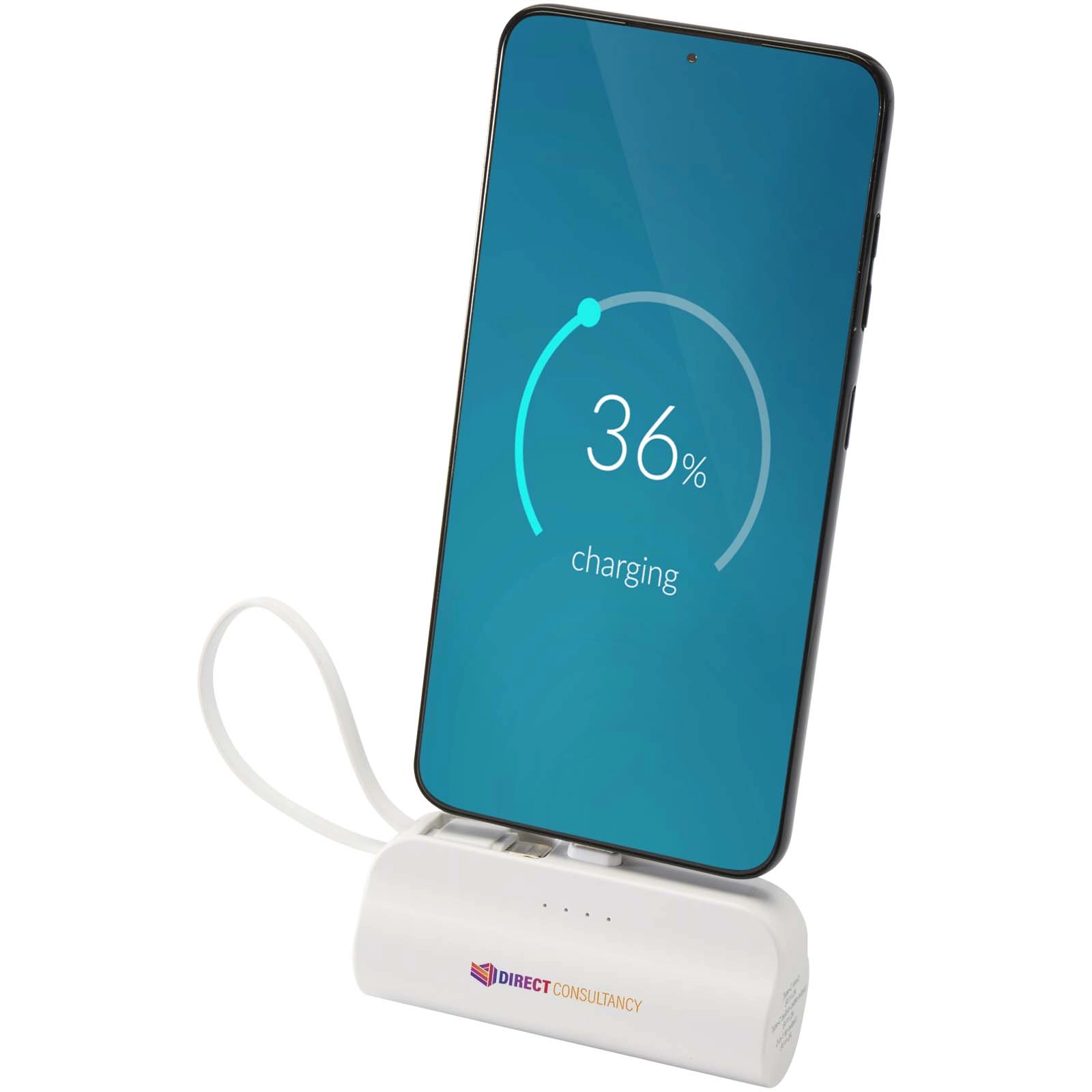 Immagine Power bank Tipo-C da 5.000 mAh e 10 W in plastica riciclata con supporto ribaltabile integrato e cavo 2 in 1 Alnair