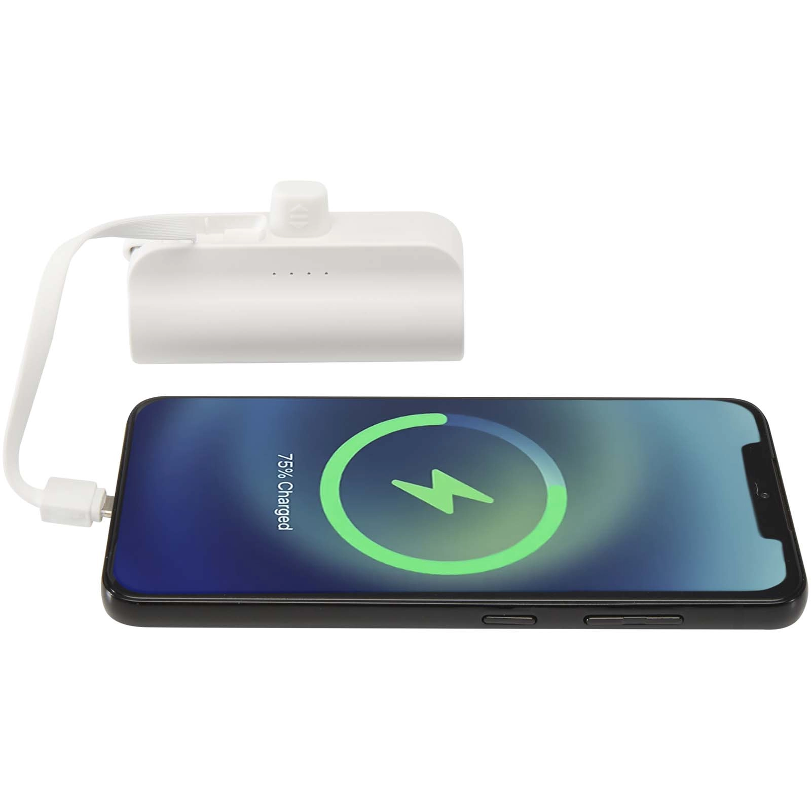 Immagine Power bank Tipo-C da 5.000 mAh e 10 W in plastica riciclata con supporto ribaltabile integrato e cavo 2 in 1 Alnair