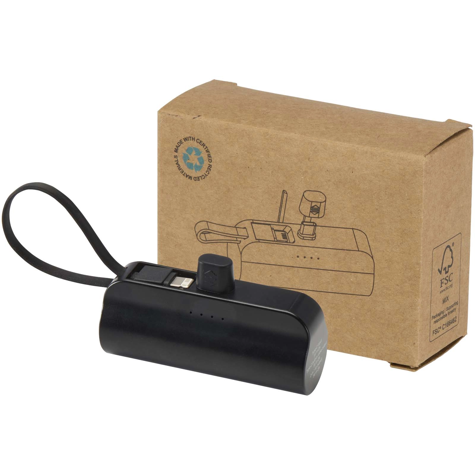 Immagine Power bank Tipo-C da 5.000 mAh e 10 W in plastica riciclata con supporto ribaltabile integrato e cavo 2 in 1 Alnair
