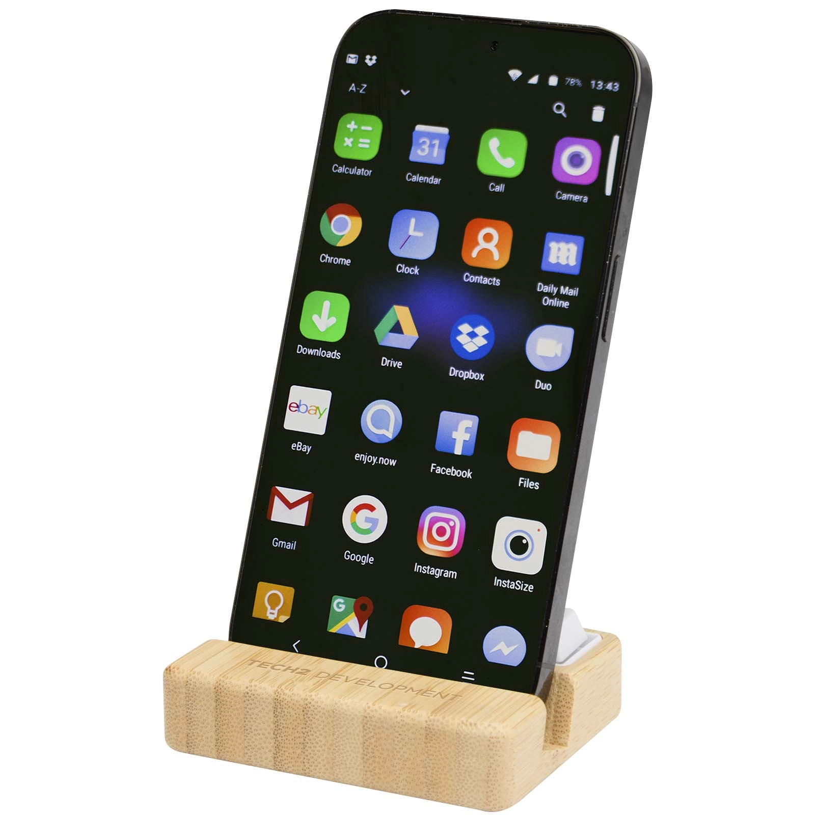 Immagine Supporto per telefono in plastica riciclata e giocattolo antistress con dettagli in bambù Algol