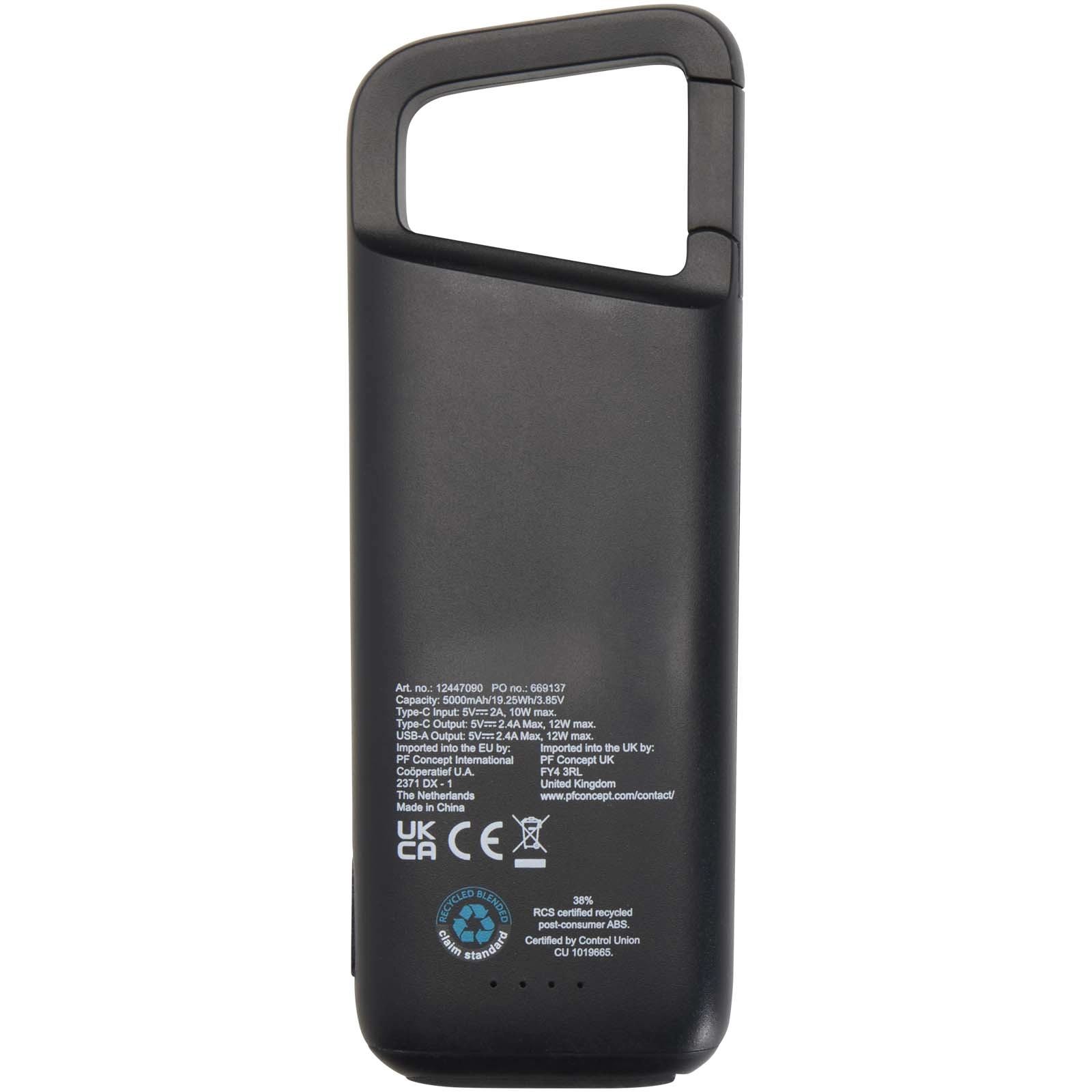 Immagine Power bank impermeabile in plastica riciclata da 5.000 mAh e 12 W con moschettone Alkes