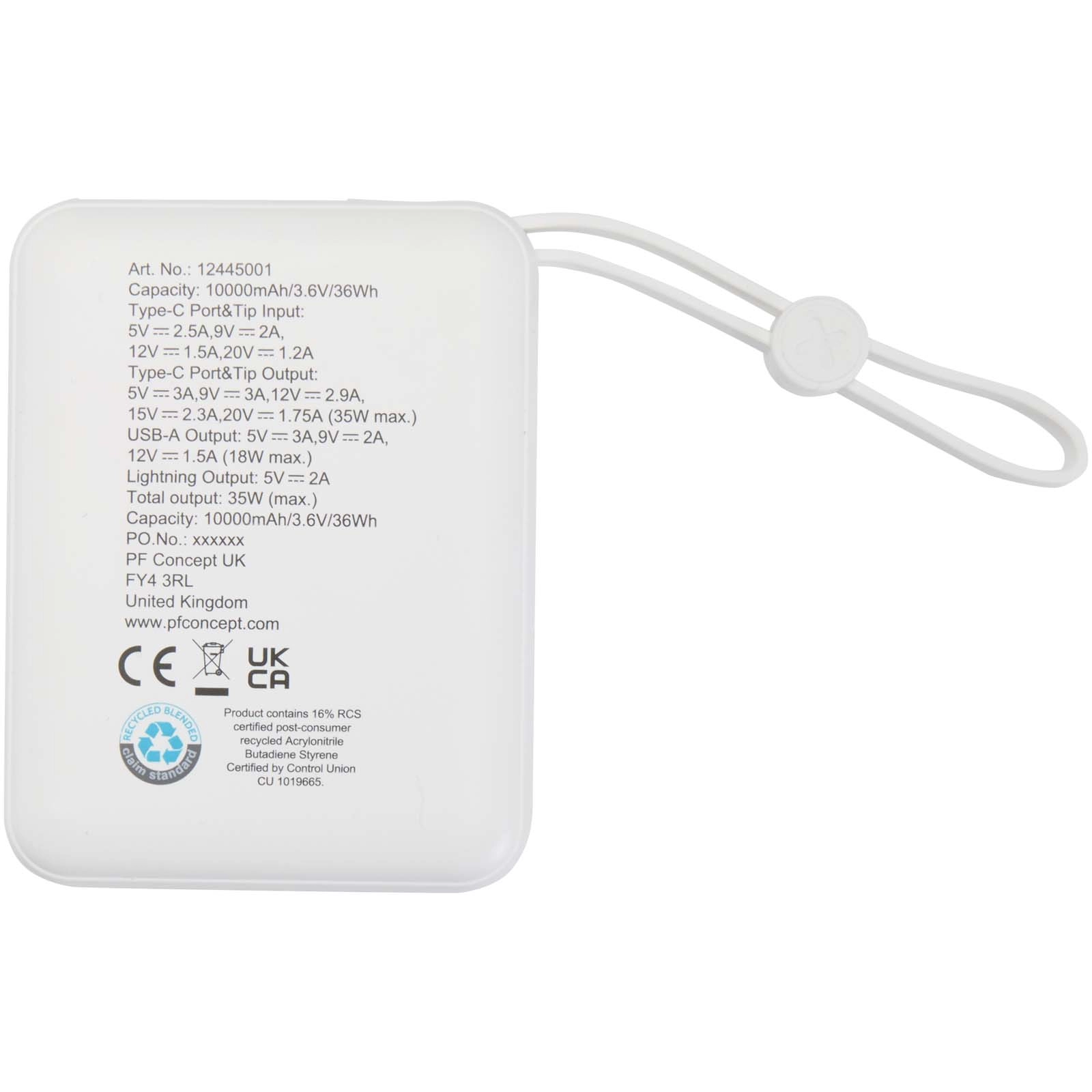 Immagine Power bank per tablet da 10.000 mAh e 35 W con cavo Tipo-C integrato in plastica riciclata Acrux