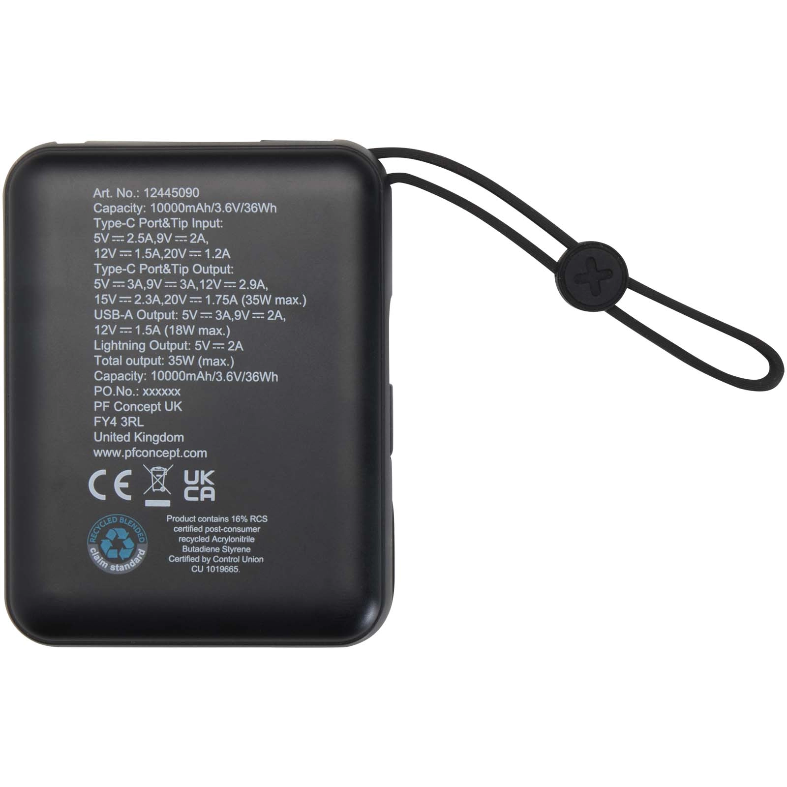 Immagine Power bank per tablet da 10.000 mAh e 35 W con cavo Tipo-C integrato in plastica riciclata Acrux