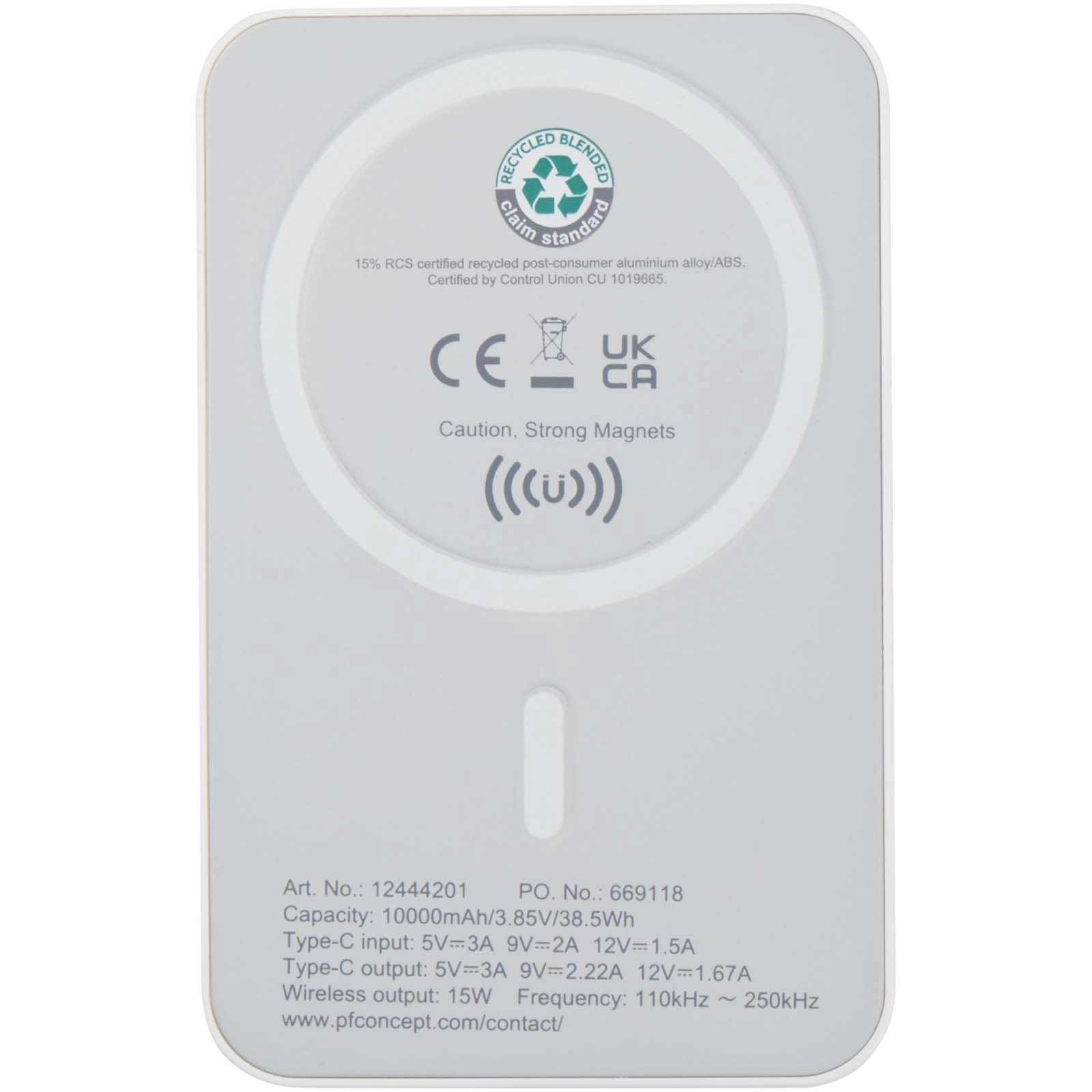 Immagine Power bank magnetico wireless da 10.000 mAh e 15 W con 20 W PD in plastica riciclata Acrab