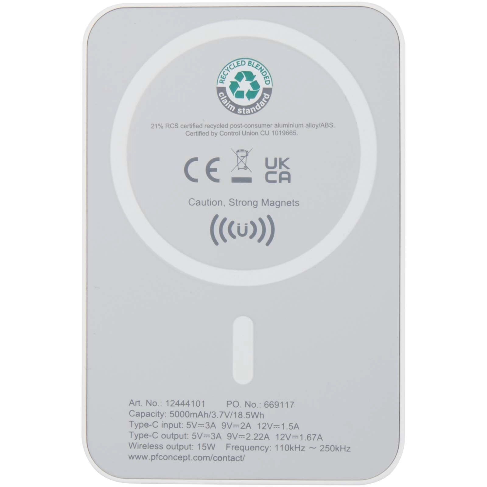 Immagine Power bank magnetico wireless da 5.000 mAh e 15 W con 20 W PD in plastica riciclata Acrab