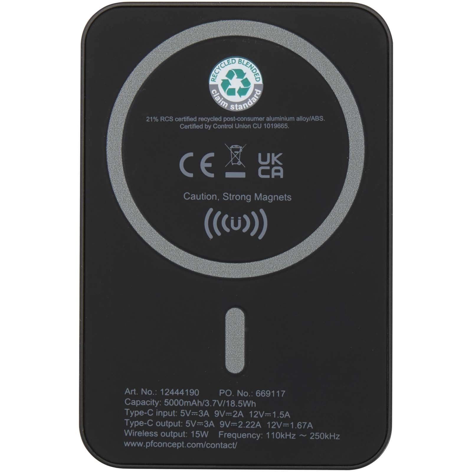 Immagine Power bank magnetico wireless da 5.000 mAh e 15 W con 20 W PD in plastica riciclata Acrab
