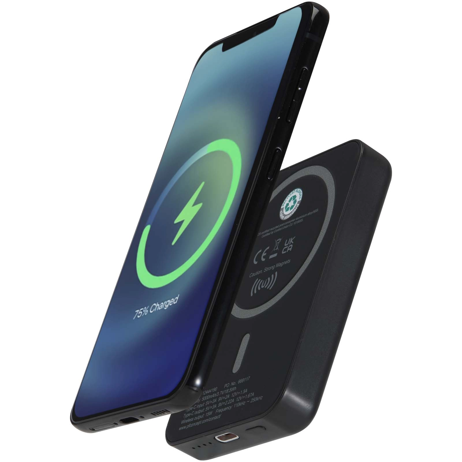 Immagine Power bank magnetico wireless da 5.000 mAh e 15 W con 20 W PD in plastica riciclata Acrab