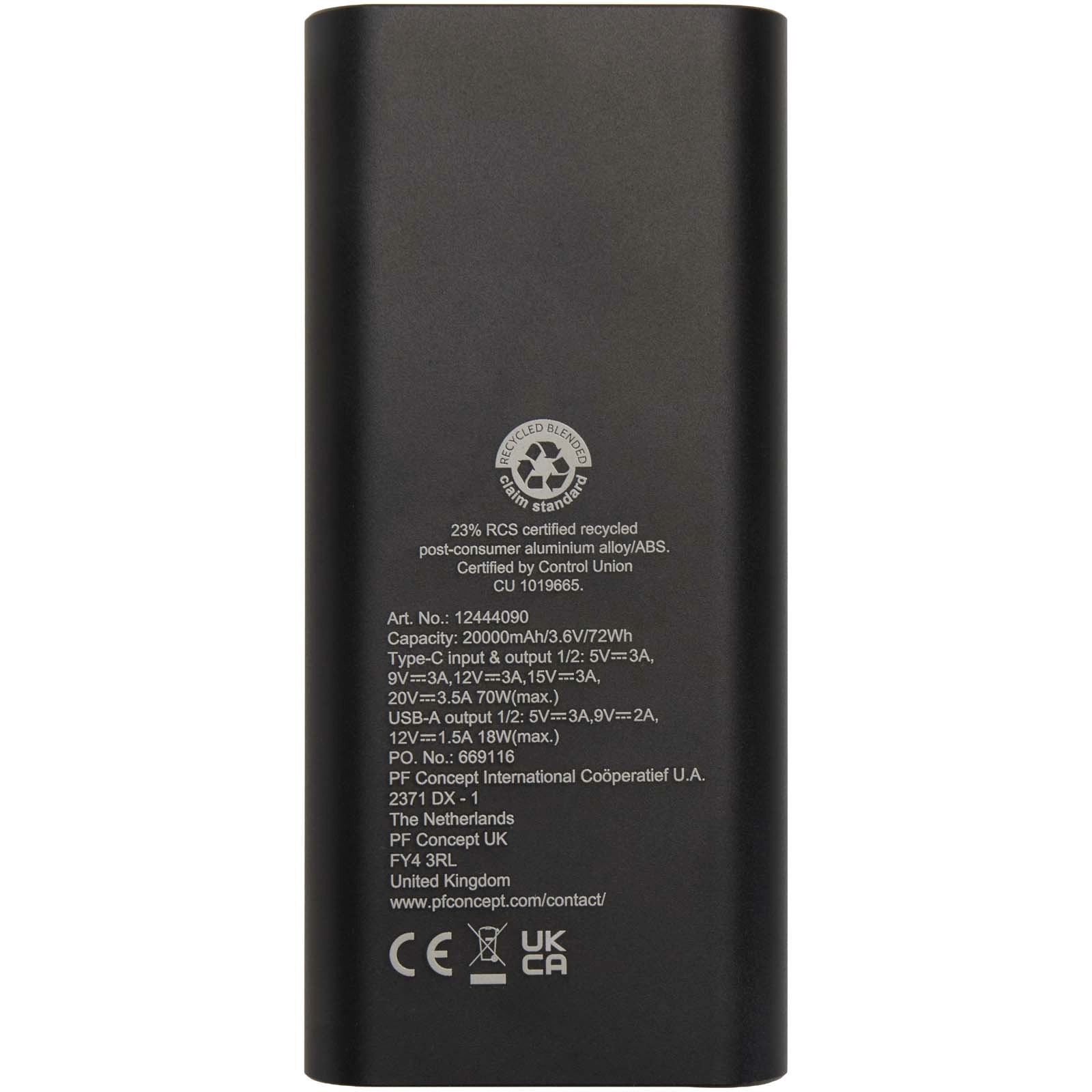 Immagine Power bank in alluminio riciclato certificato RCS da 20.000 mAh e 70 W Acamar