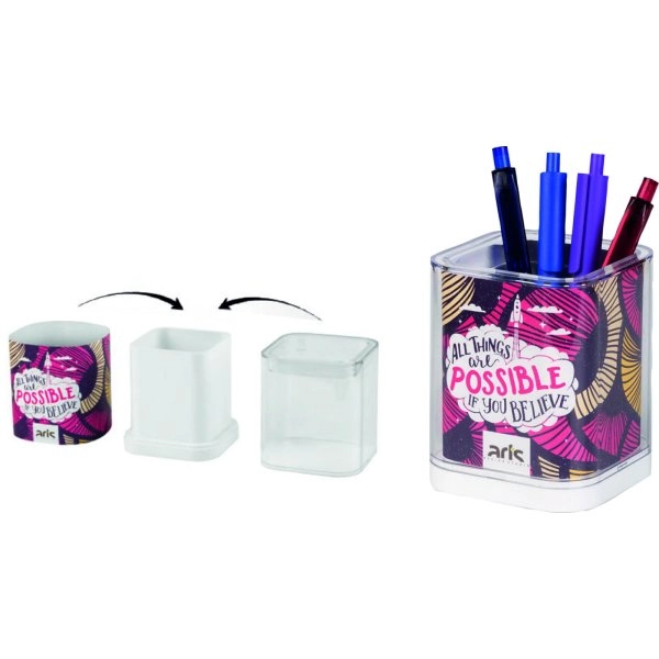 Portapenne in plastica bianca con copertura trasparente