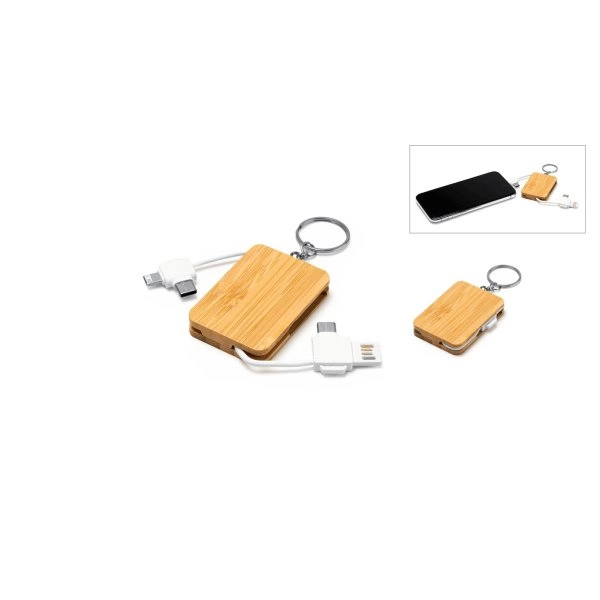 PORTACHIAVI IN BAMBOO CON CAVO DI RICARICA E MICRO USB
