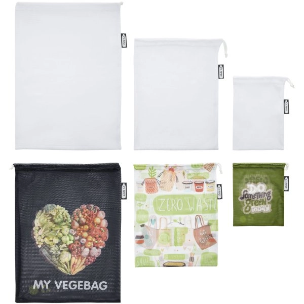 Immagine Set di 3 sacchetti per frutta e verdura in poliestere riciclato.
