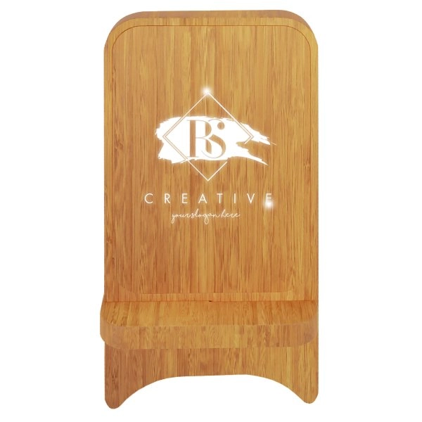 Immagine Supporto per telefono in legno con ricarica wireless da 10 W e logo luminoso SCX.design W26