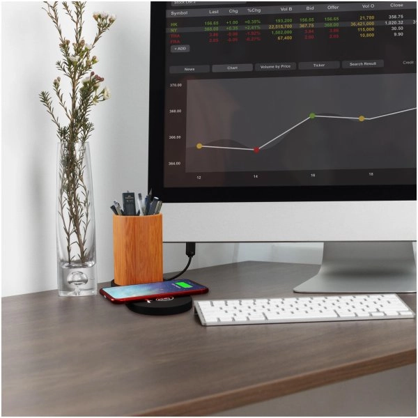 Immagine Stazione di ricarica wireless da 10 W con logo luminoso e portamatite in bambù SCX.design W17