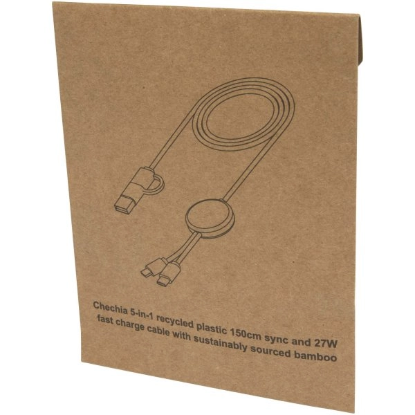 Immagine Cavo 5-in-1 in plastica riciclata da 150 cm per la sincronizzazione dei dati e la ricarica rapida da 27 W con dettagli in bambù Chechia