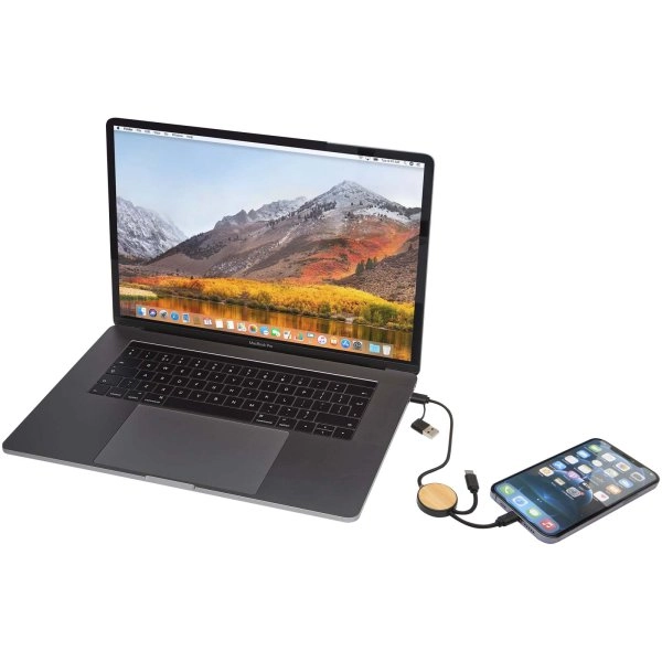 Immagine Cavo 5-in-1 in plastica riciclata da 30 cm per la sincronizzazione dei dati e la ricarica rapida da 27 W con dettagli in bambù Chechia