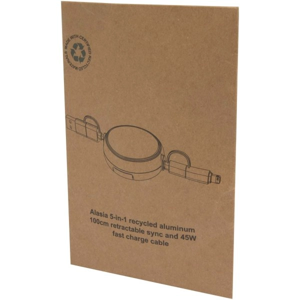 Immagine Cavo retrattile 5 in 1 da 100 cm in plastica riciclata e alluminio per la sincronizzazione dei dati e la ricarica rapida da 45 W Alasia