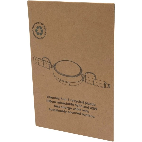Immagine Cavo retrattile 5 in 1 in plastica riciclata da 100 cm per la sincronizzazione dei dati e la ricarica rapida da 45 W con dettagli in bambù Chechia