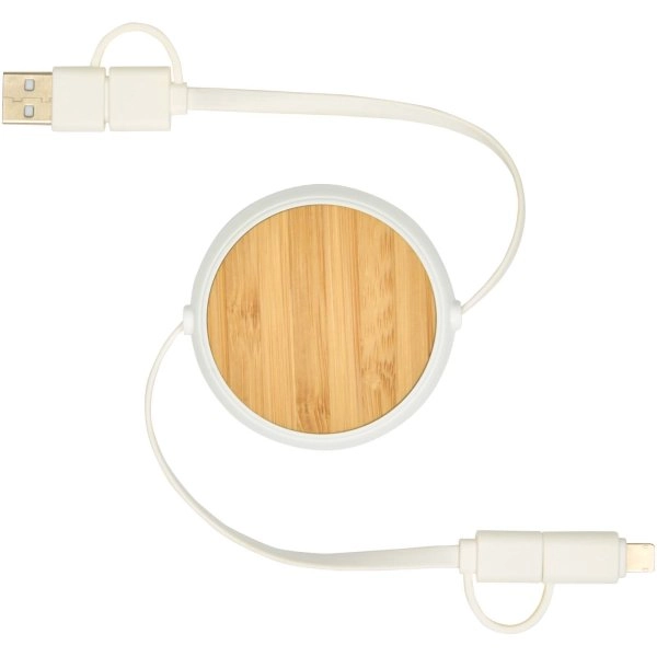 Immagine Cavo retrattile 5 in 1 in plastica riciclata da 100 cm per la sincronizzazione dei dati e la ricarica rapida da 45 W con dettagli in bambù Chechia
