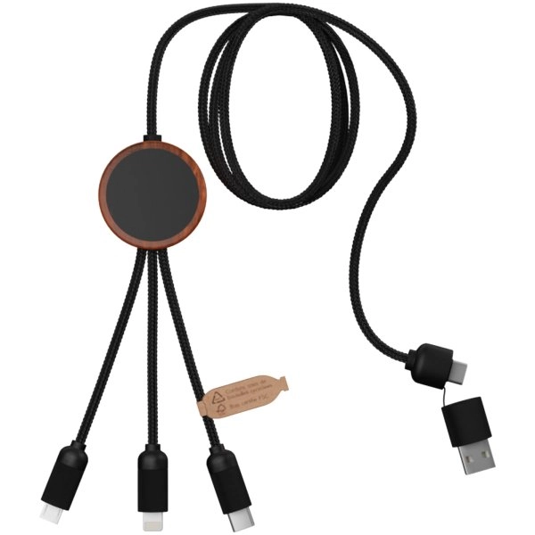 Immagine Cavo di ricarica 5 in 1 in rPET riciclato con logo luminoso e custodia rotonda in legno SCX.design C37