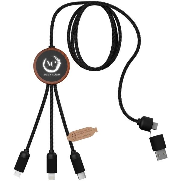 Immagine Cavo di ricarica 5 in 1 in rPET riciclato con logo luminoso e custodia rotonda in legno SCX.design C37