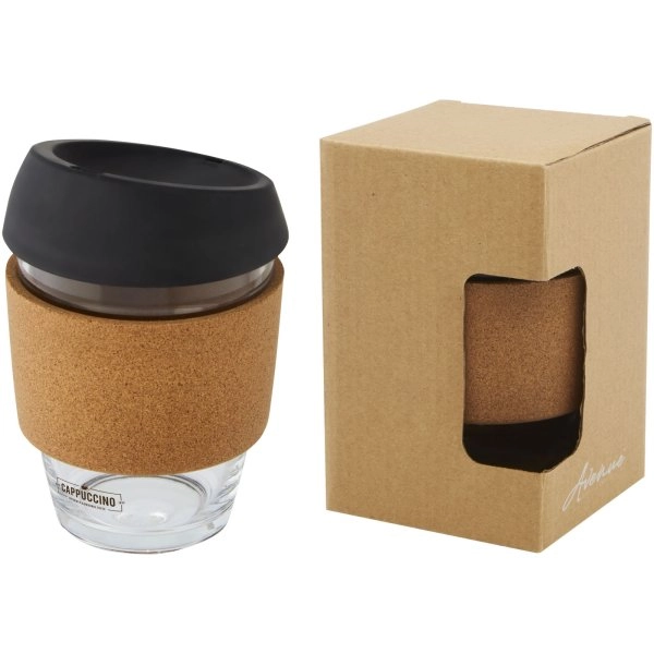 Immagine Bicchiere da 360 ml in vetro borosilicato con impugnatura in sughero e coperchio in silicone Lidan
