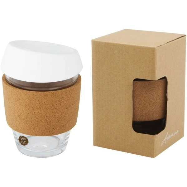 Immagine Bicchiere da 360 ml in vetro borosilicato con impugnatura in sughero e coperchio in silicone Lidan