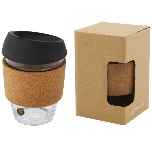 Immagine Bicchiere da 360 ml in vetro borosilicato con impugnatura in sughero e coperchio in silicone Lidan