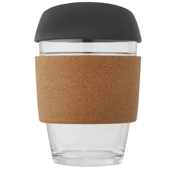Immagine Bicchiere da 360 ml in vetro borosilicato con impugnatura in sughero e coperchio in silicone Lidan