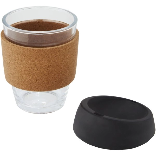 Immagine Bicchiere da 360 ml in vetro borosilicato con impugnatura in sughero e coperchio in silicone Lidan