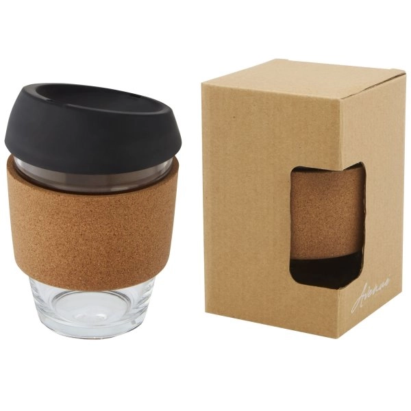 Immagine Bicchiere da 360 ml in vetro borosilicato con impugnatura in sughero e coperchio in silicone Lidan