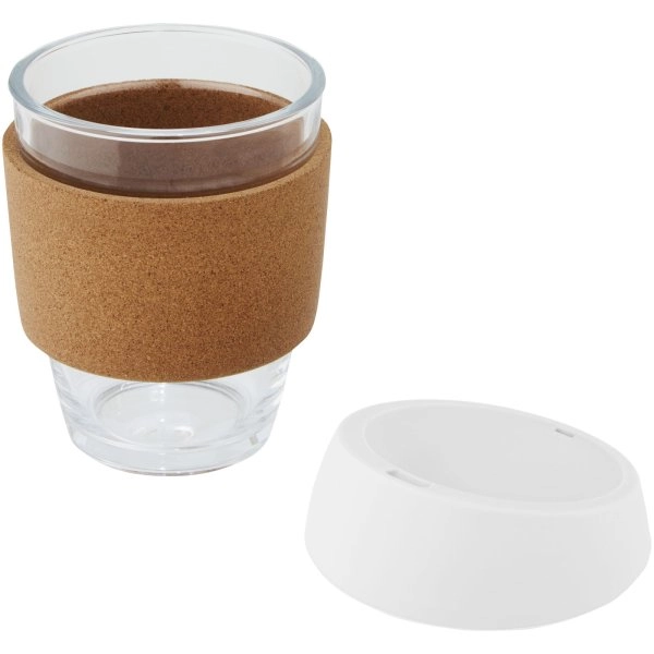 Immagine Bicchiere da 360 ml in vetro borosilicato con impugnatura in sughero e coperchio in silicone Lidan