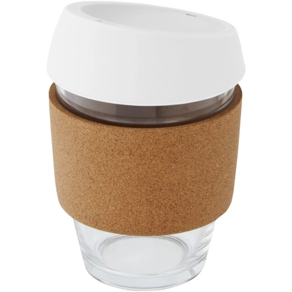 Immagine Bicchiere da 360 ml in vetro borosilicato con impugnatura in sughero e coperchio in silicone Lidan